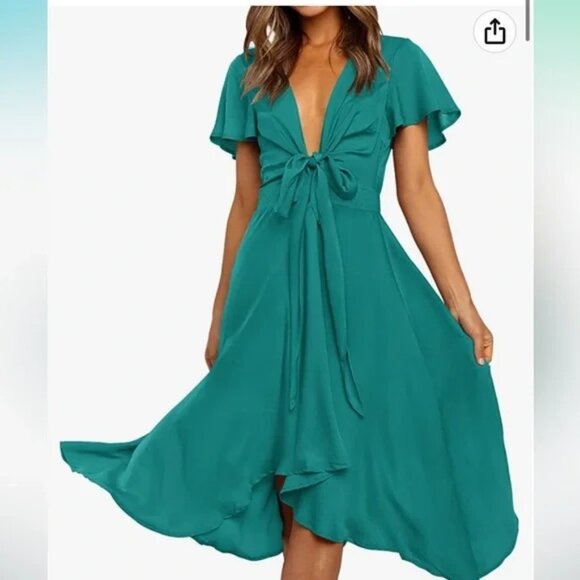 ZESICA Dresses & Skirts - ZESICA Satin V Neck Short Sleeve Tie Front Smocked Waist Midi Dress P6259